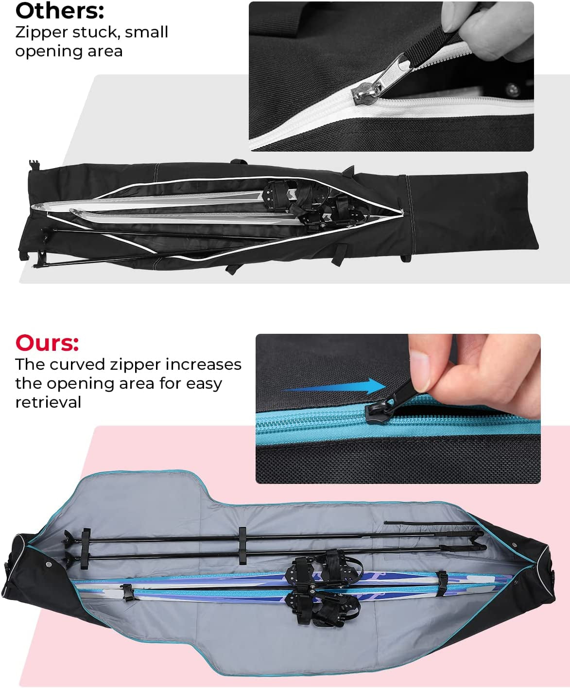 Ski Bag and Boot Bag Combo, Snowboard Bag Padded Ski Bags for Air Travel, Snow Ski Bags Fit Skis up to 200Cm, Ski Double Bag Combo