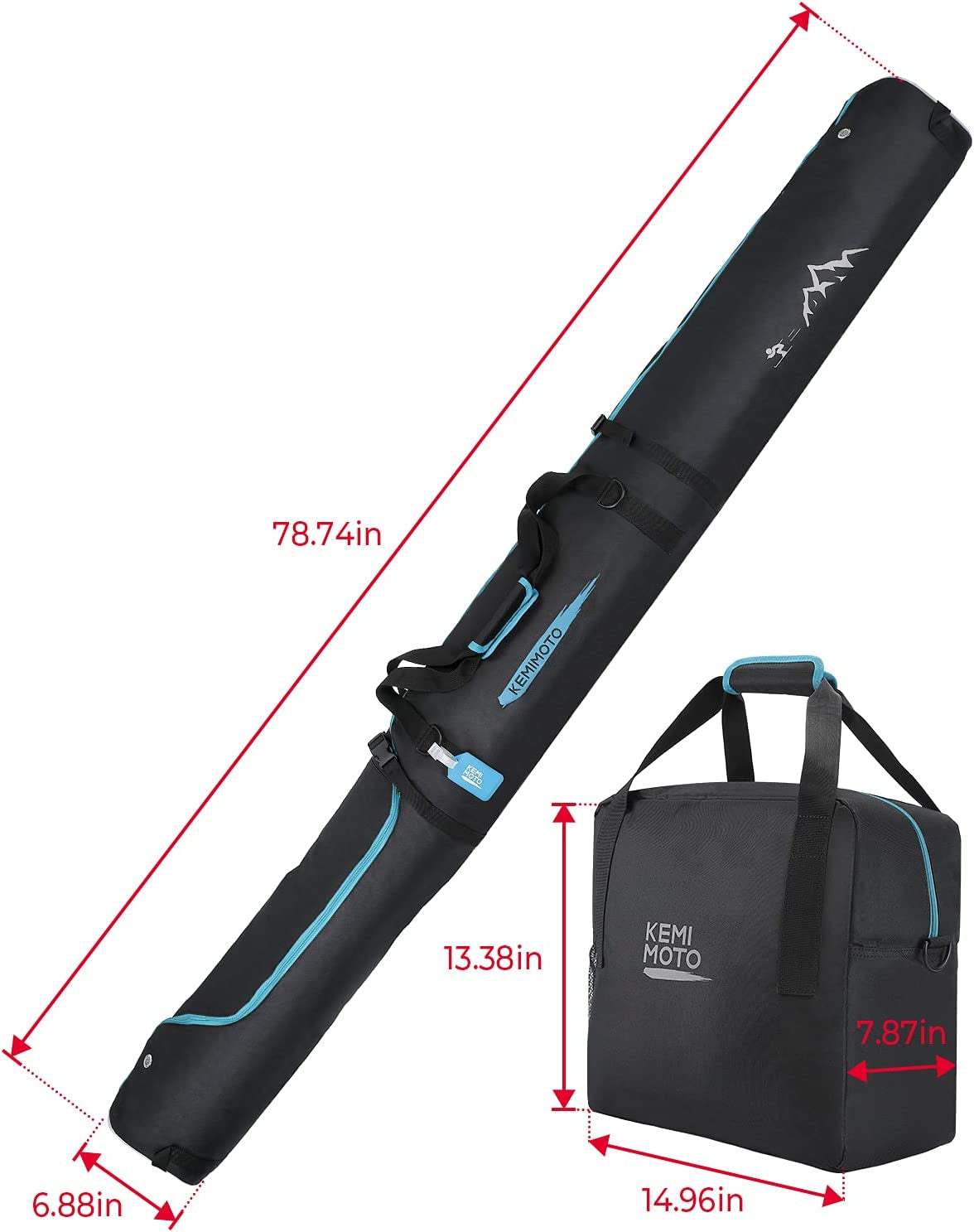 Ski Bag and Boot Bag Combo, Snowboard Bag Padded Ski Bags for Air Travel, Snow Ski Bags Fit Skis up to 200Cm, Ski Double Bag Combo
