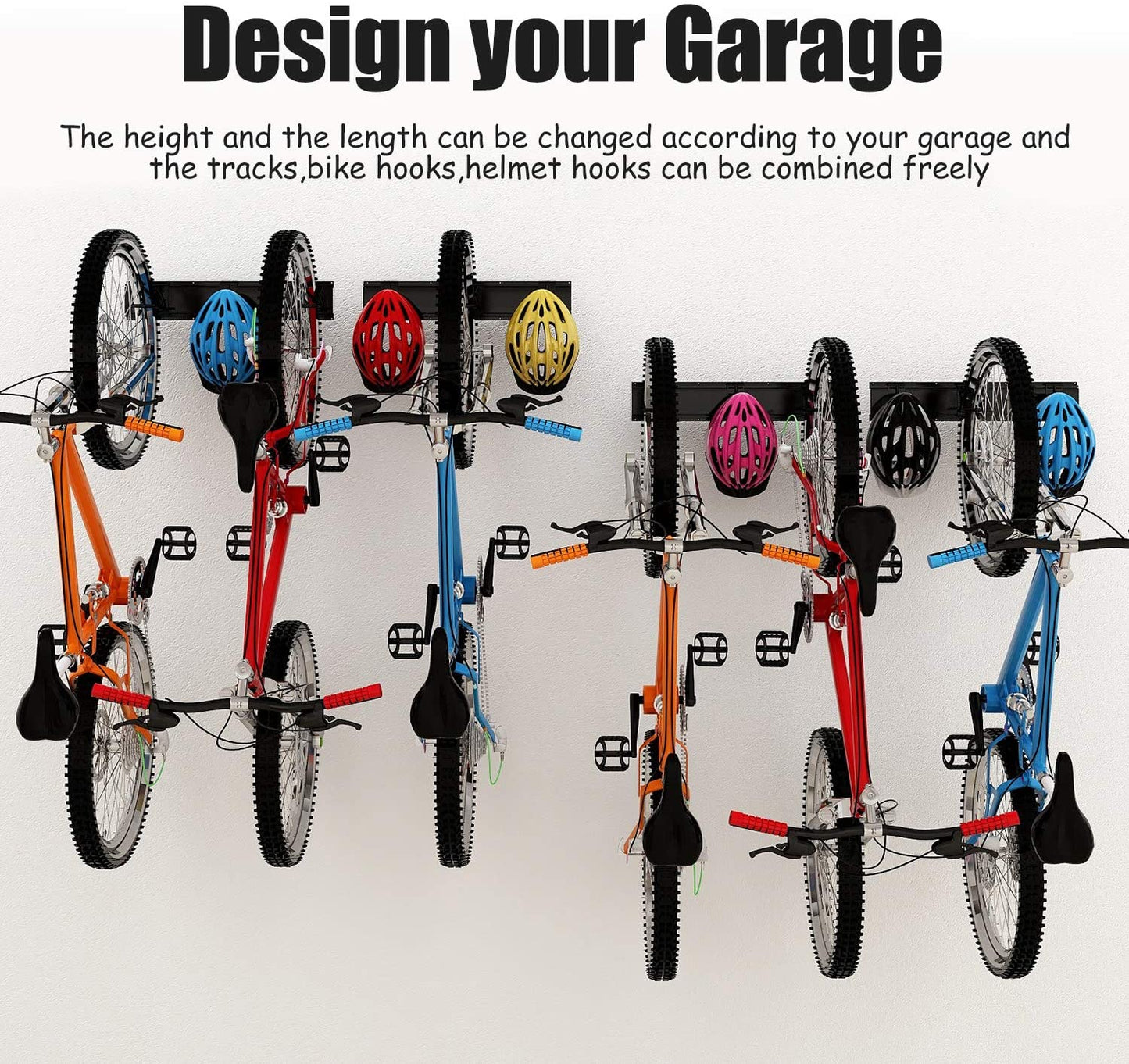 Bike Storage Rack 68 Inch with Bike Tire Wall Protectors Wall Mount Garage Bike Hanger for 6 Bikes Adjustable Bike Hooks for Home Indoor Holds up to 500Lbs(6 Bike Hooks + 6 Bike Accessory Hooks)