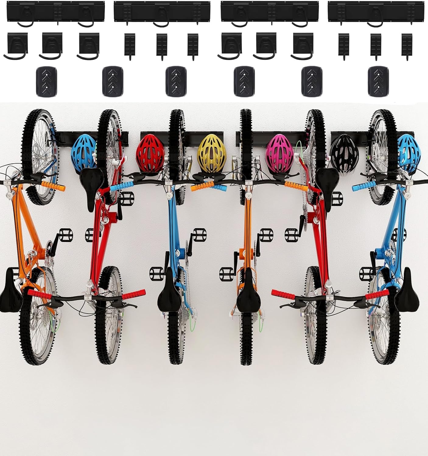 Bike Storage Rack 68 Inch with Bike Tire Wall Protectors Wall Mount Garage Bike Hanger for 6 Bikes Adjustable Bike Hooks for Home Indoor Holds up to 500Lbs(6 Bike Hooks + 6 Bike Accessory Hooks)