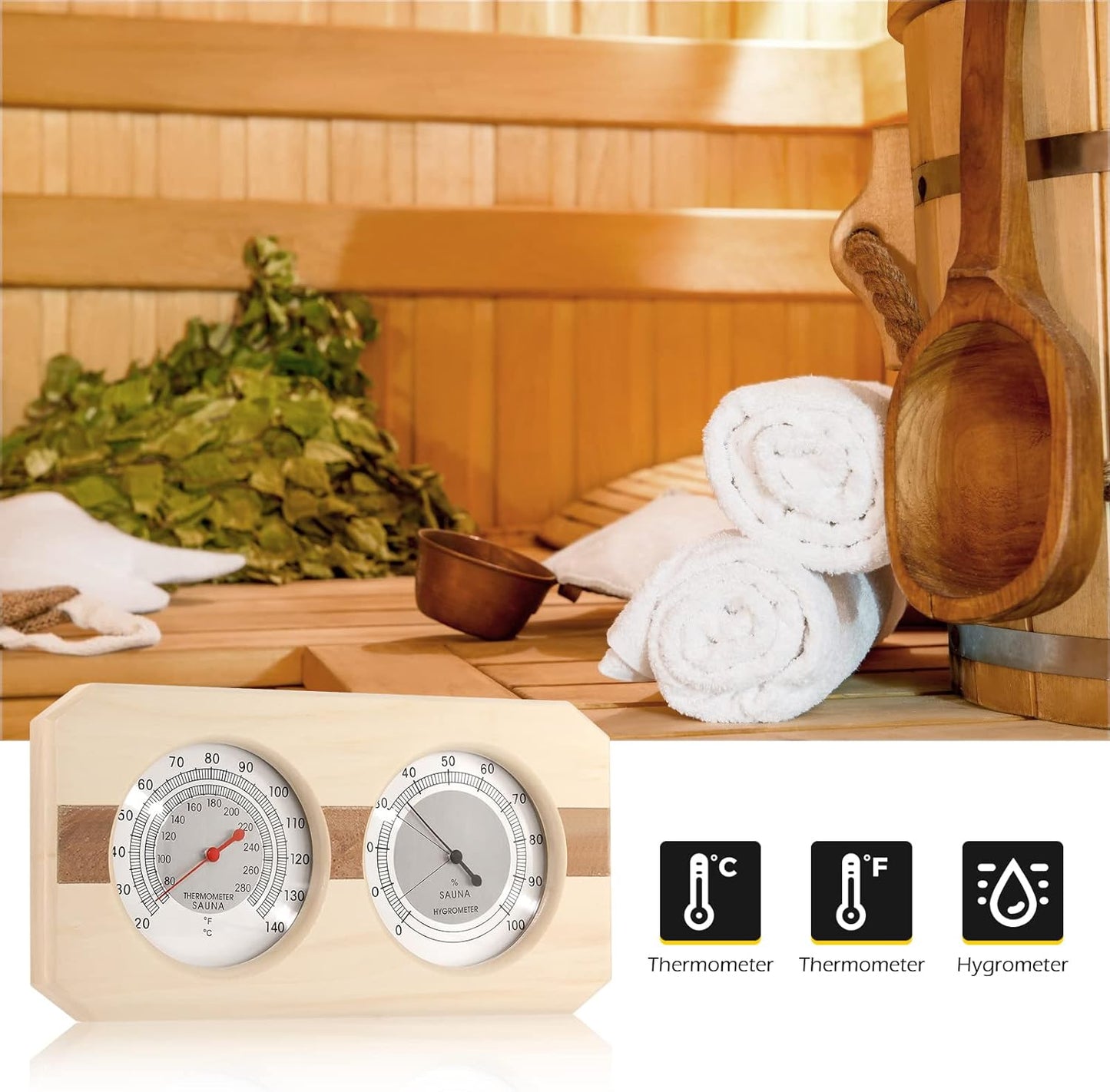 Sauna Thermometer 2 in 1 Wooden Fahrenheit Thermometer Hygrometer for Sauna Indoor Hygrothermograph for Family Hotel Sauna Room