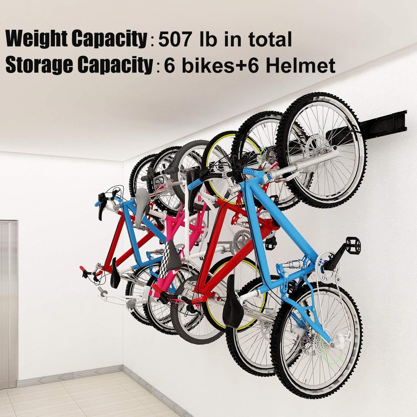 Bike Storage Rack 68 Inch with Bike Tire Wall Protectors Wall Mount Garage Bike Hanger for 6 Bikes Adjustable Bike Hooks for Home Indoor Holds up to 500Lbs(6 Bike Hooks + 6 Bike Accessory Hooks)
