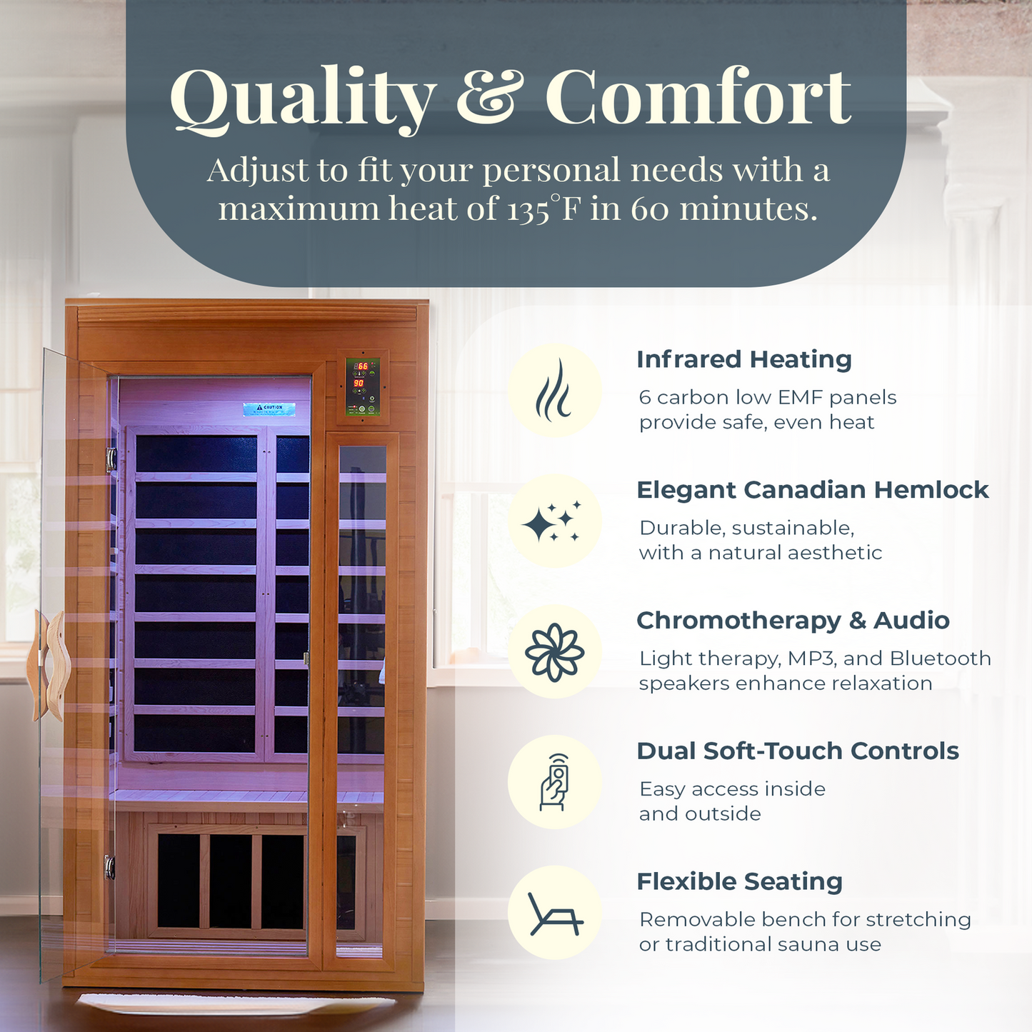 Dynamic Saunas Barcelona 1 to 2 Person Hemlock Wood Infrared Sauna for Home