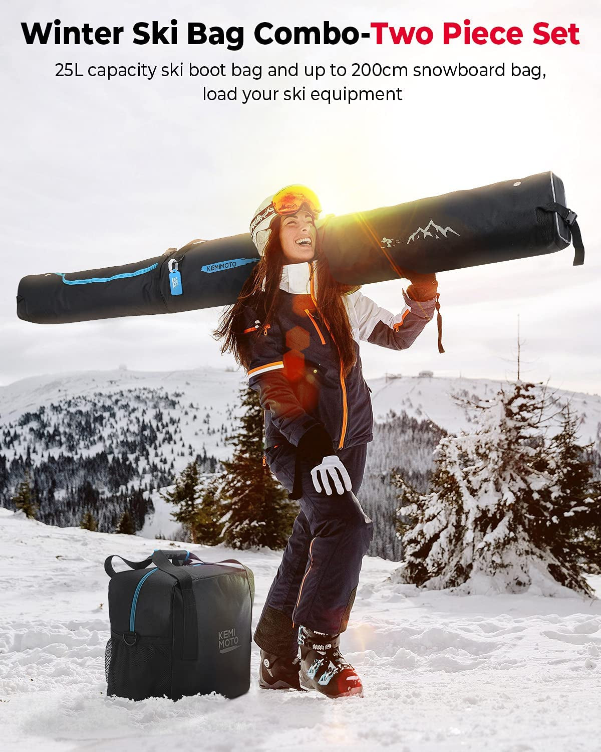 Ski Bag and Boot Bag Combo, Snowboard Bag Padded Ski Bags for Air Travel, Snow Ski Bags Fit Skis up to 200Cm, Ski Double Bag Combo