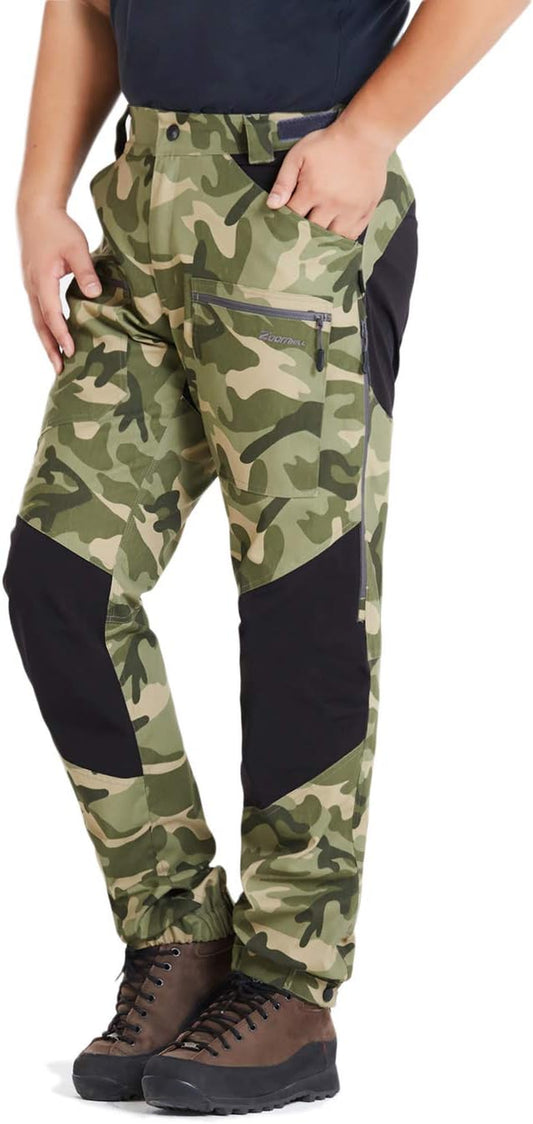 Mens Pro Hiking Stretch Pants Cargo Trouser Water-Resistant Tactical Outdoor Working Pants (Green Camo, XL)