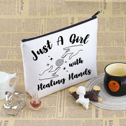 Massage Therapist Appreciation Gift Just a G-Irl with Healing Hands Makeup Bag Massage Therapy Cosmetic Bag Masseur Graduation Gift (With Healing Hands M)
