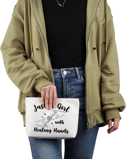 Massage Therapist Appreciation Gift Just a G-Irl with Healing Hands Makeup Bag Massage Therapy Cosmetic Bag Masseur Graduation Gift (With Healing Hands M)
