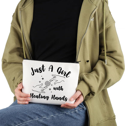 Massage Therapist Appreciation Gift Just a G-Irl with Healing Hands Makeup Bag Massage Therapy Cosmetic Bag Masseur Graduation Gift (With Healing Hands M)